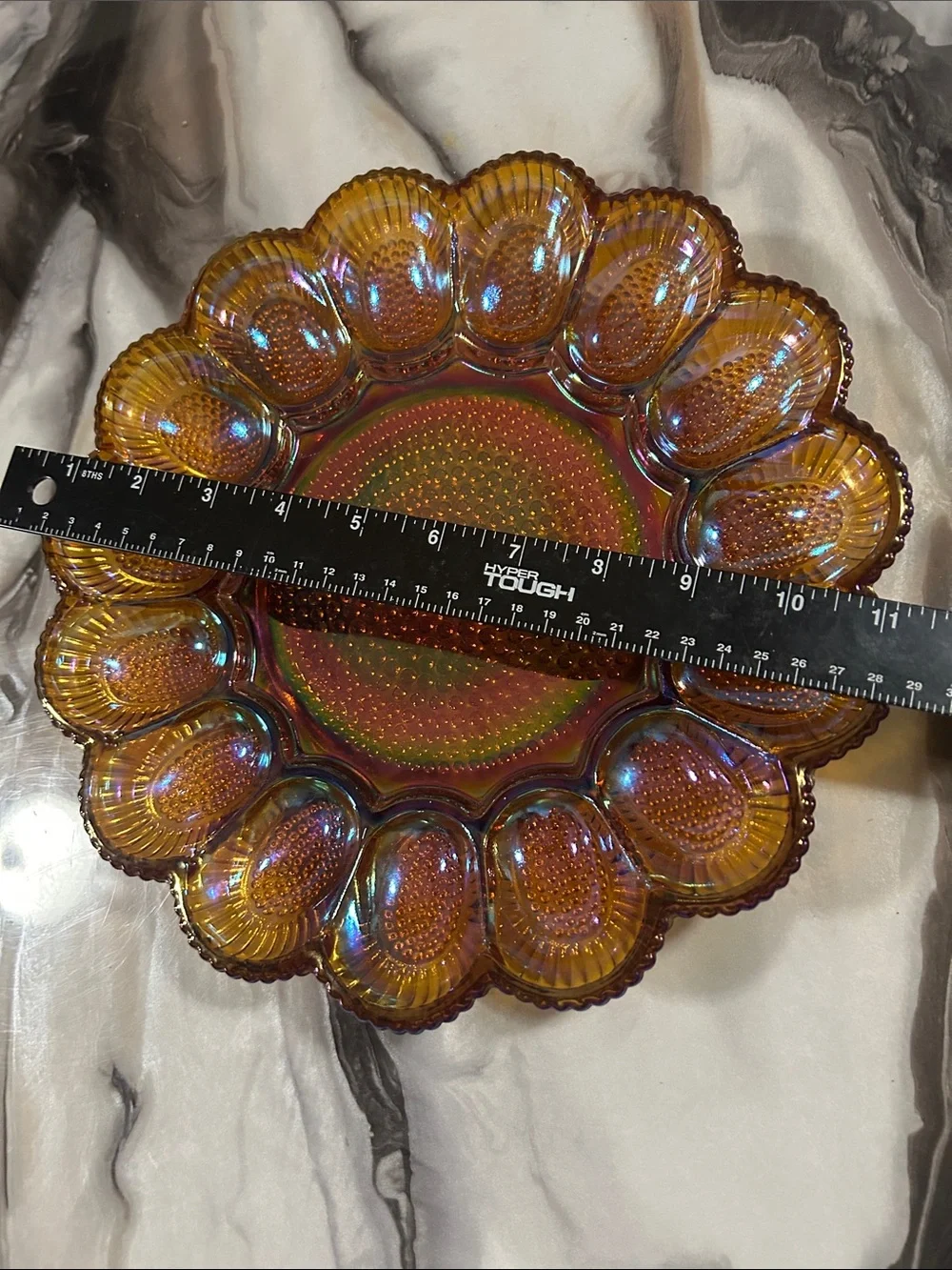 Indiana Glass Co. Iridescent Amber Carnival Hobnail Plate Deviled Egg Platter